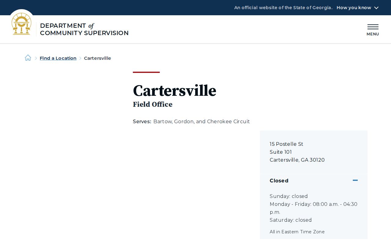 Georgia DCS Cartersville Field Office page for Bartow County supervision