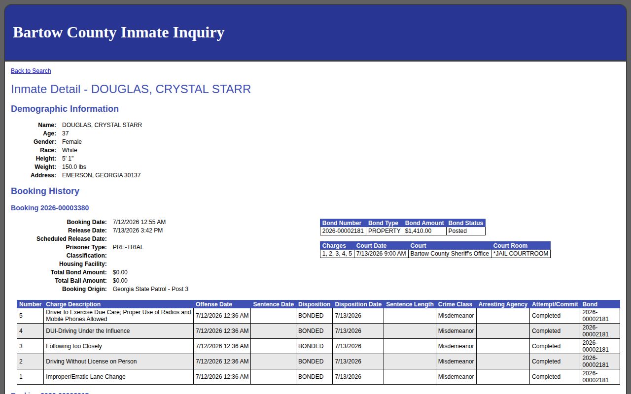 Bartow County 24-hour release booking detail example