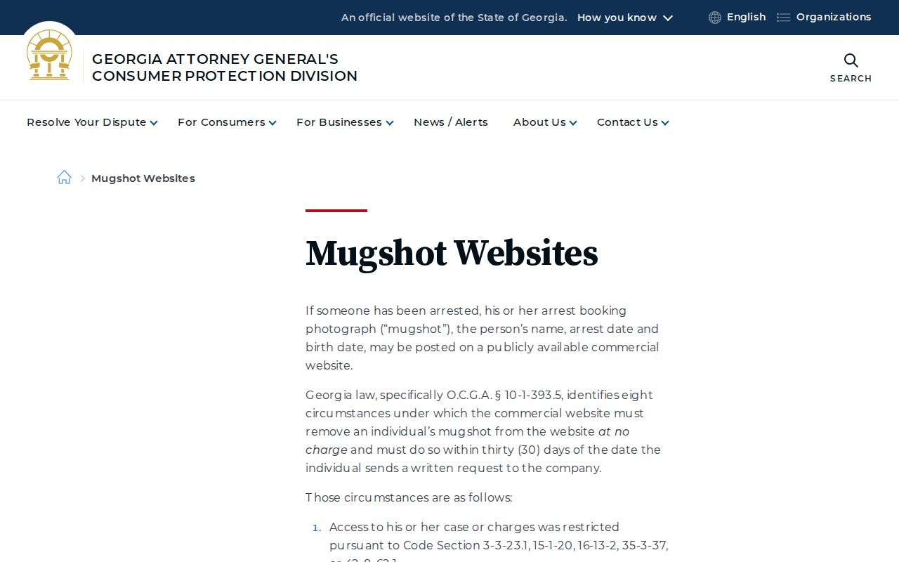 Georgia Attorney General guidance about commercial mugshot websites